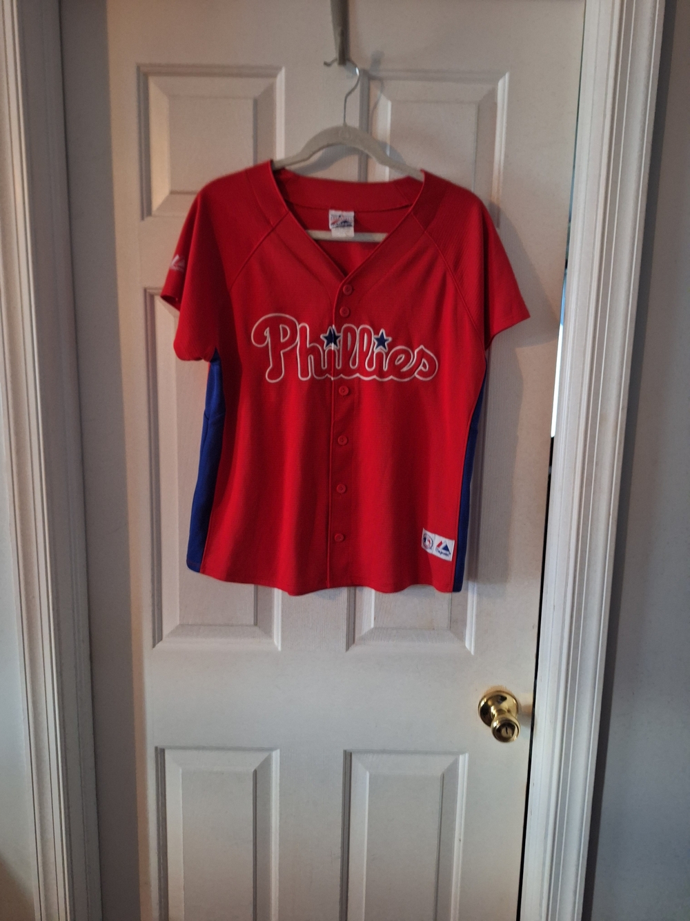 Majestic Phillies Red and Blue Womens Baseball Jersey L